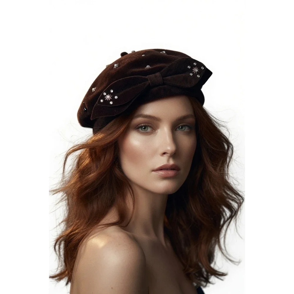 Vintage Brown Velvet Pillbox Hat Rhinestone Starburst Bow Cocktail Fascinator